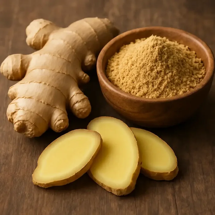 Fresh ginger root, thin ginger slices and ground ginger in a bowl