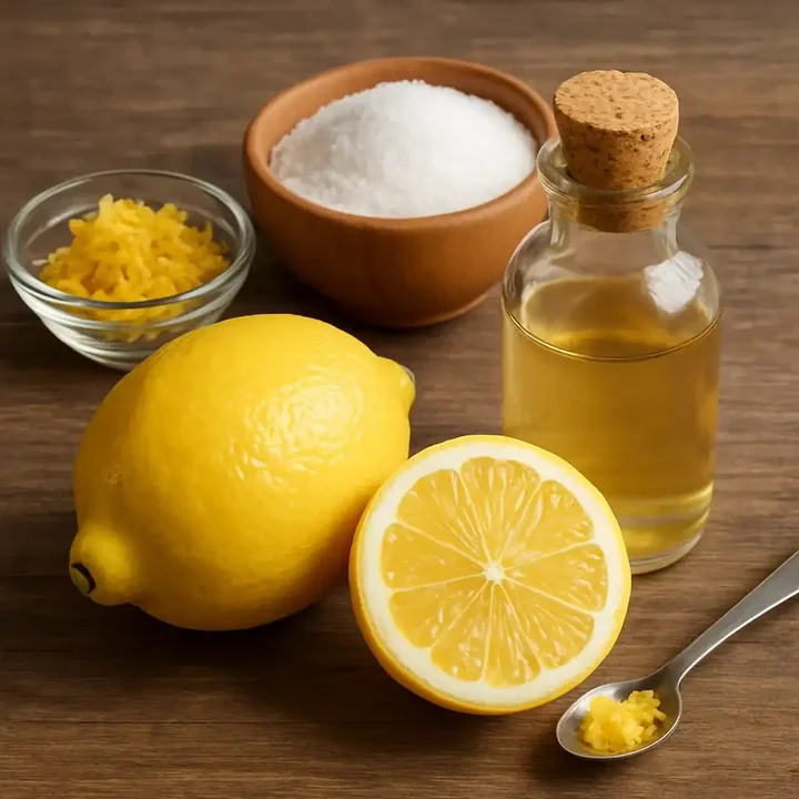 Whole lemons, lemon zest and a small bottle of lemon extract on a wooden board
