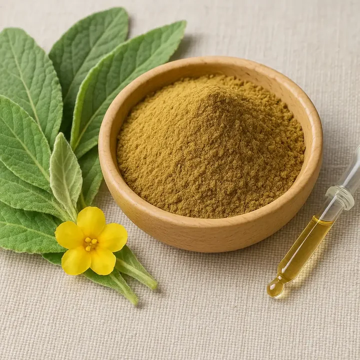Mullein powder in a wooden bowl beside soft green mullein leaves and a yellow bloom